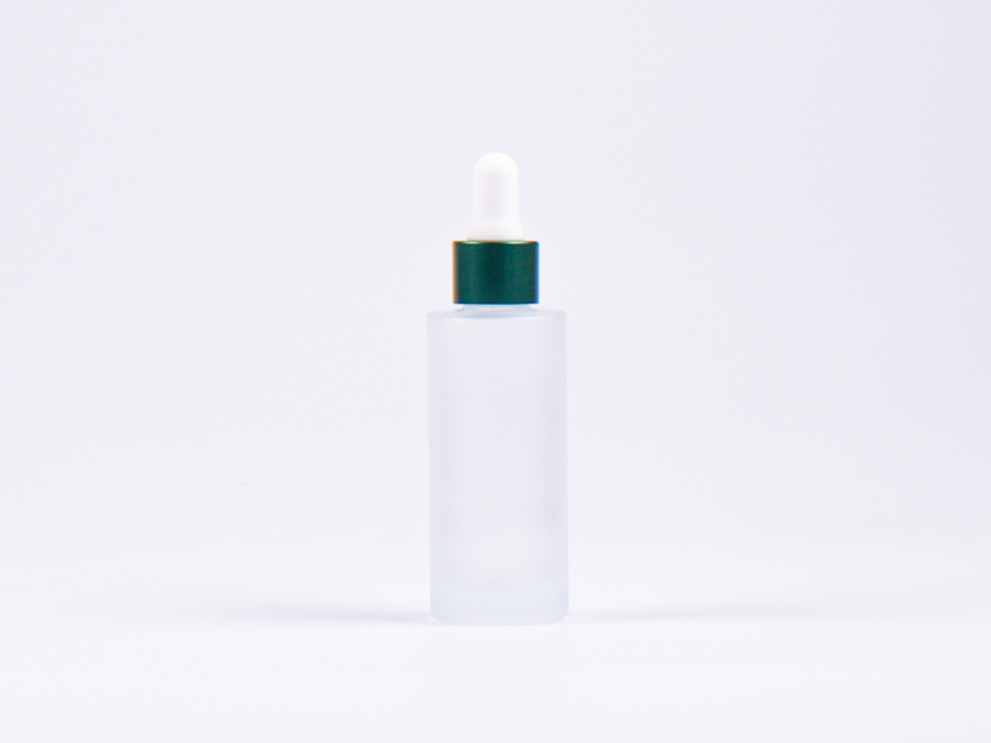 Glasflasche säuremattiert- eckige Schulter, 30ml, mit Pipette Alu grün-matt